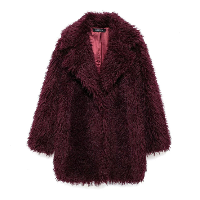 Women Faux Fur Winter Mid Length Coats Lapel Fuzzy Coat Warm Jacket Outerwear