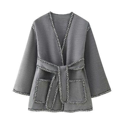 Womens Fall Winter Coats V Neck Belt Long Sleeve Jackets Warm Mid Length Outerwear