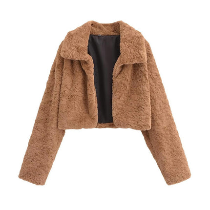 Womens Cropped Faux Fur Jacket Shaggy Lapel Winter Coats Fuzzy Cardigans Warm Outerwear