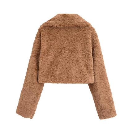 Womens Cropped Faux Fur Jacket Shaggy Lapel Winter Coats Fuzzy Cardigans Warm Outerwear