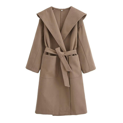 Womens Hooded Coats Long Sleeve Belted Casual Open Front Jackets Overcoat