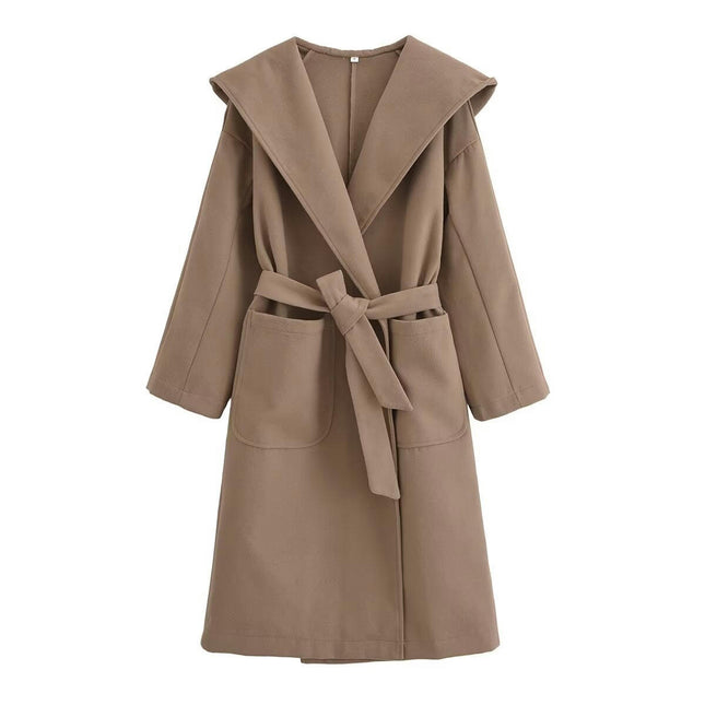 Womens Hooded Coats Long Sleeve Belted Casual Open Front Jackets Overcoat