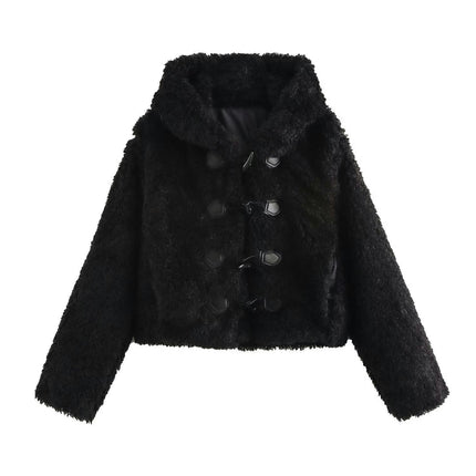 Womens Casual Faux Shearling Coat Fleece Fuzzy Hooded Warm Winter Jackets