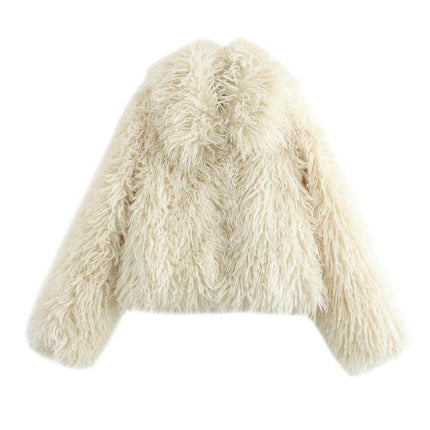 Womens Faux Fur Cropped Jacket Fluffy Long Sleeve Fashion Warm Shaggy Short Coat Outerwear