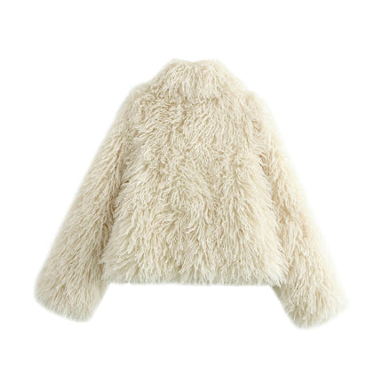 Womens Faux Fur Cropped Jacket Fluffy Long Sleeve Fashion Warm Shaggy Short Coat Outerwear