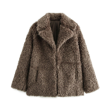 Womens Cropped Long Sleeve Shaggy Jacket Lapel Faux Fur Coat Warm Winter Outwear