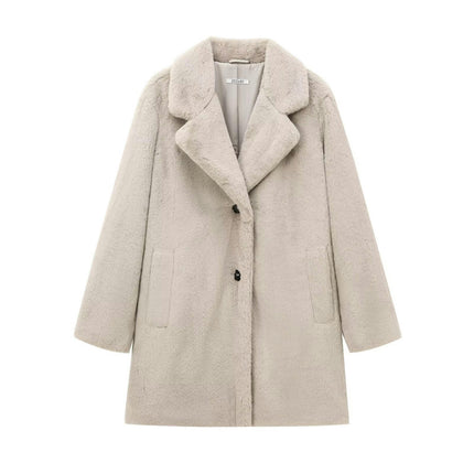 Women's Faux Fur Coat Fuzzy Warm Winter Long Jackets Lapel Outerwear with Pockets