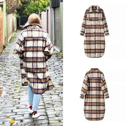 Women's Long Plaid Shacket Wool Blend Button Down Shirt Jacket Coat with Pockets