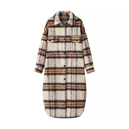 Women's Long Plaid Shacket Wool Blend Button Down Shirt Jacket Coat with Pockets
