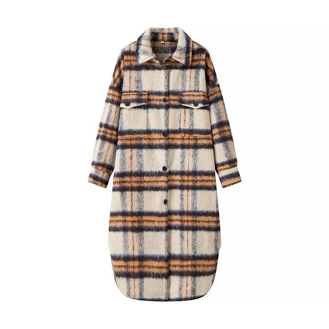 Women's Long Plaid Shacket Wool Blend Button Down Shirt Jacket Coat with Pockets