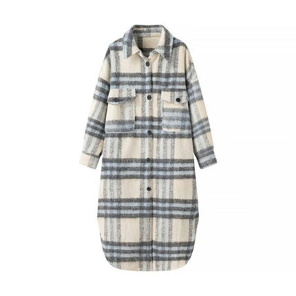 Women's Long Plaid Shacket Wool Blend Button Down Shirt Jacket Coat with Pockets