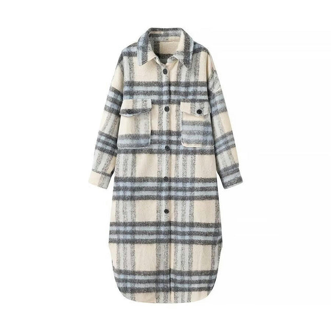 Women's Long Plaid Shacket Wool Blend Button Down Shirt Jacket Coat with Pockets