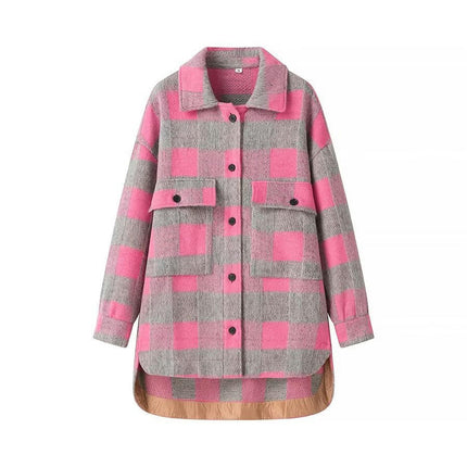Women Casual Flannel Plaid Long Sleeve Lapel Button Down Shirts Wool Blend Coat with Pockets