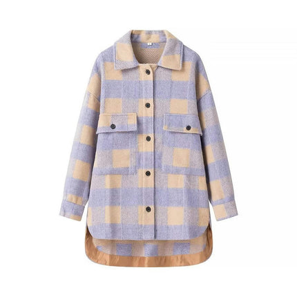 Women Casual Flannel Plaid Long Sleeve Lapel Button Down Shirts Wool Blend Coat with Pockets