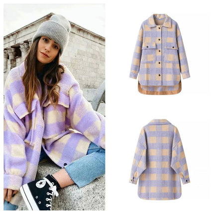 Women Casual Flannel Plaid Long Sleeve Lapel Button Down Shirts Wool Blend Coat with Pockets