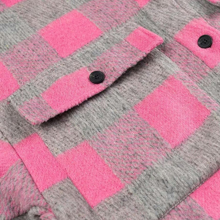 Women Casual Flannel Plaid Long Sleeve Lapel Button Down Shirts Wool Blend Coat with Pockets
