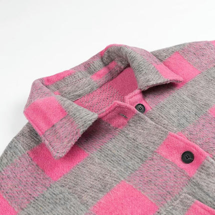 Women Casual Flannel Plaid Long Sleeve Lapel Button Down Shirts Wool Blend Coat with Pockets