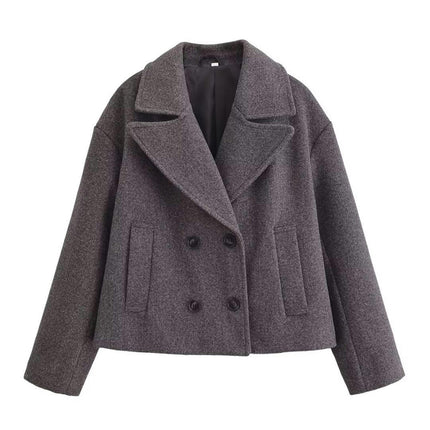 Women's Wool Blend Cropped Coat Notched Lapel Double Breasted Jacket Outwear
