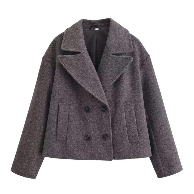 Women's Wool Blend Cropped Coat Notched Lapel Double Breasted Jacket Outwear