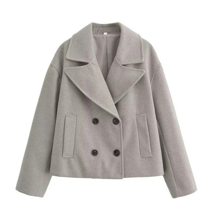Women's Wool Blend Cropped Coat Notched Lapel Double Breasted Jacket Outwear