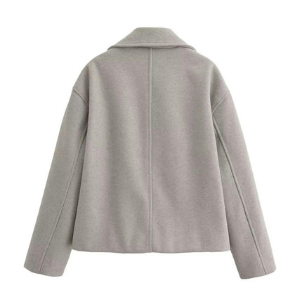 Women's Wool Blend Cropped Coat Notched Lapel Double Breasted Jacket Outwear