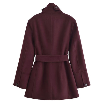 Womens Winter Jacket Casual Stand Collar Mid-Long Coat Wool Blend Outwear with Belt