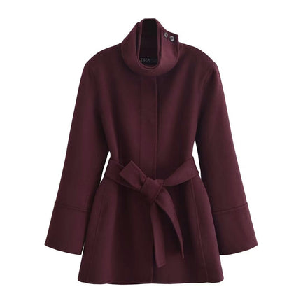 Womens Winter Jacket Casual Stand Collar Mid-Long Coat Wool Blend Outwear with Belt