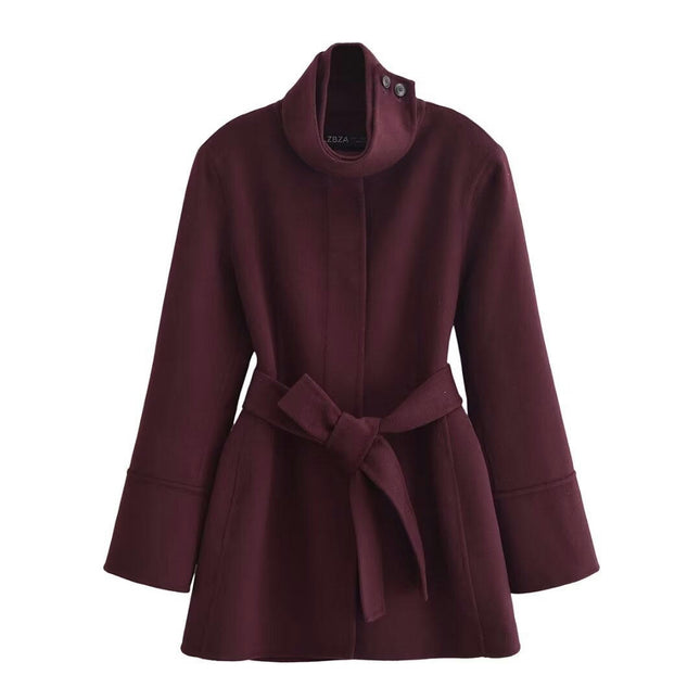Womens Winter Jacket Casual Stand Collar Mid-Long Coat Wool Blend Outwear with Belt
