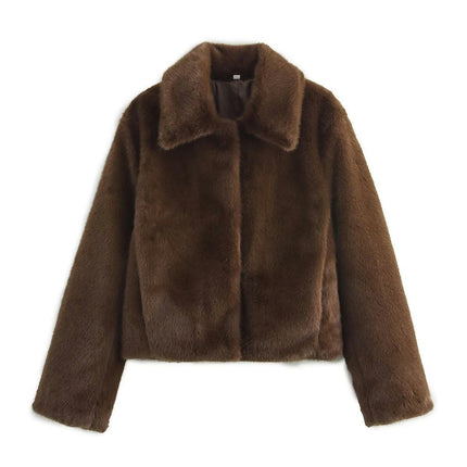 Women's Cropped Faux Fur Coat Winter Open Front Jacket Lapel Long Sleeve Fluffy Coat