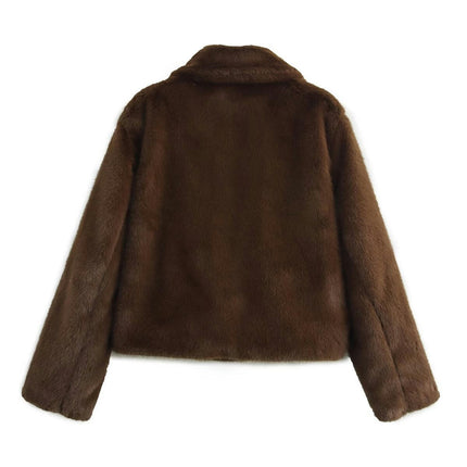 Women's Cropped Faux Fur Coat Winter Open Front Jacket Lapel Long Sleeve Fluffy Coat