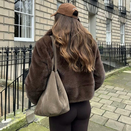 Women's Cropped Faux Fur Coat Winter Open Front Jacket Lapel Long Sleeve Fluffy Coat