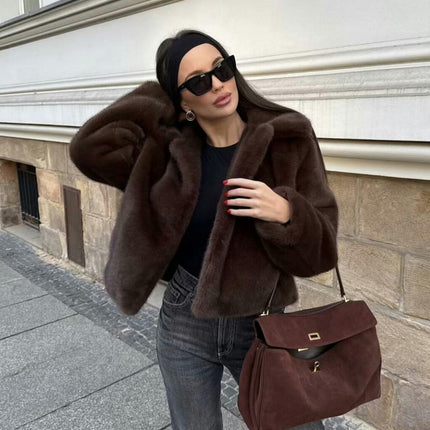 Women's Cropped Faux Fur Coat Winter Open Front Jacket Lapel Long Sleeve Fluffy Coat