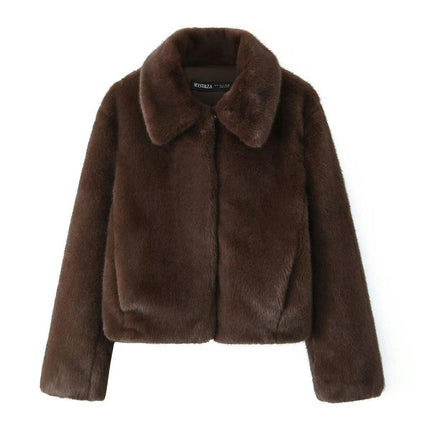 Womens Cropped Faux Fur Coat Lapel Collar Button Fluffy Jackets Winter Outerwear