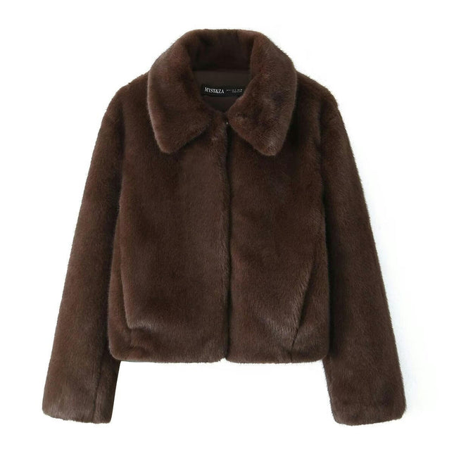 Womens Cropped Faux Fur Coat Lapel Collar Button Fluffy Jackets Winter Outerwear
