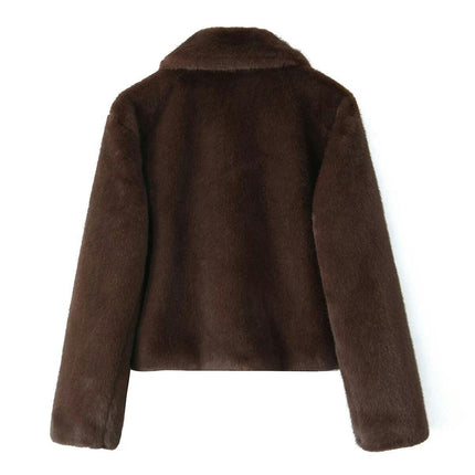 Womens Cropped Faux Fur Coat Lapel Collar Button Fluffy Jackets Winter Outerwear