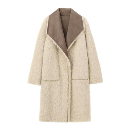 Faux Suede Winter Jacket for Women Fleece Lined Sherpa Coat Lapel Warm Outerwear with Pockets