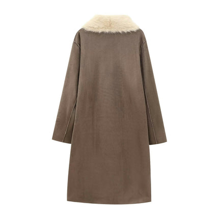 Faux Suede Winter Jacket for Women Fleece Lined Sherpa Coat Lapel Warm Outerwear with Pockets