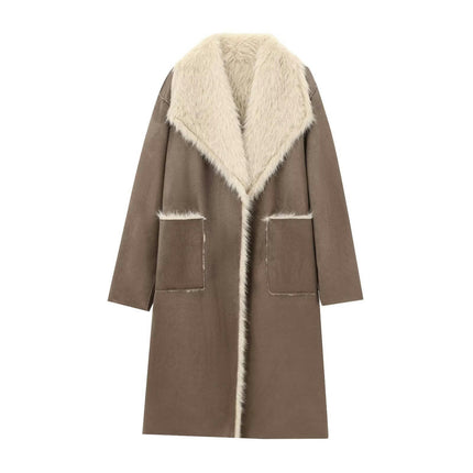 Faux Suede Winter Jacket for Women Fleece Lined Sherpa Coat Lapel Warm Outerwear with Pockets