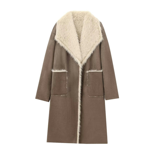 Faux Suede Winter Jacket for Women Fleece Lined Sherpa Coat Lapel Warm Outerwear with Pockets