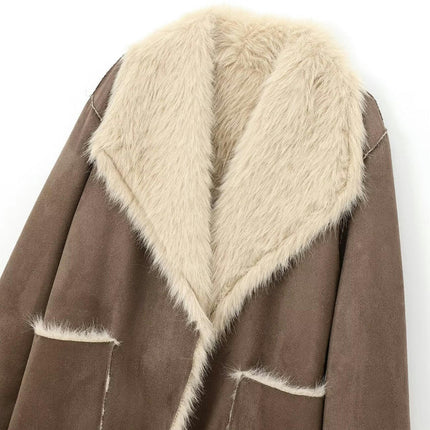 Faux Suede Winter Jacket for Women Fleece Lined Sherpa Coat Lapel Warm Outerwear with Pockets