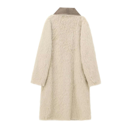 Faux Suede Winter Jacket for Women Fleece Lined Sherpa Coat Lapel Warm Outerwear with Pockets