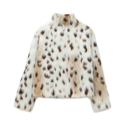 Women's Cropped Faux Fur Coat Fashion Winter Stand Collar Jacket Long Sleeve Fluffy Coat