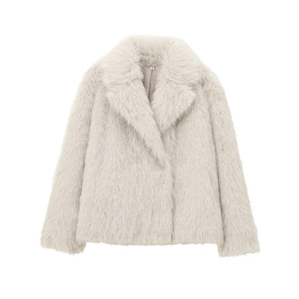 Women's Cropped Faux Fur Jacket Lapel Fluffy Button Coat Winter Warm Outwear