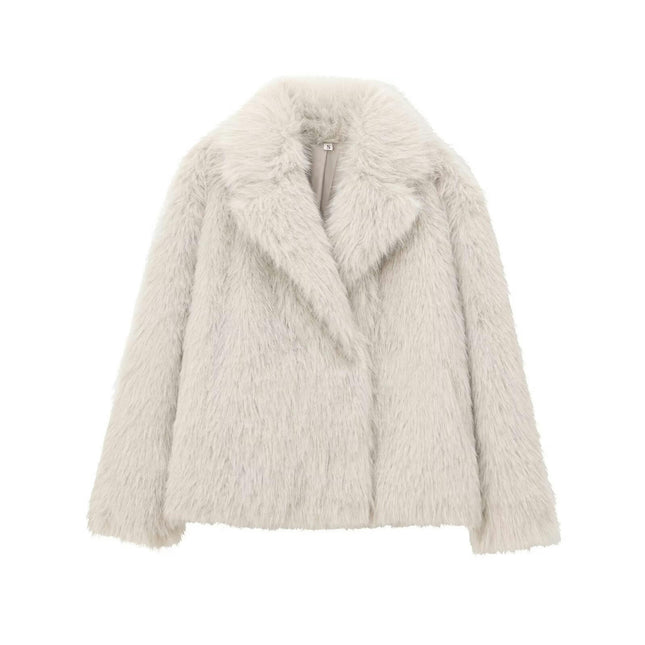 Women's Cropped Faux Fur Jacket Lapel Fluffy Button Coat Winter Warm Outwear