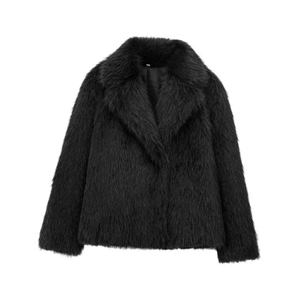 Women's Cropped Faux Fur Jacket Lapel Fluffy Button Coat Winter Warm Outwear