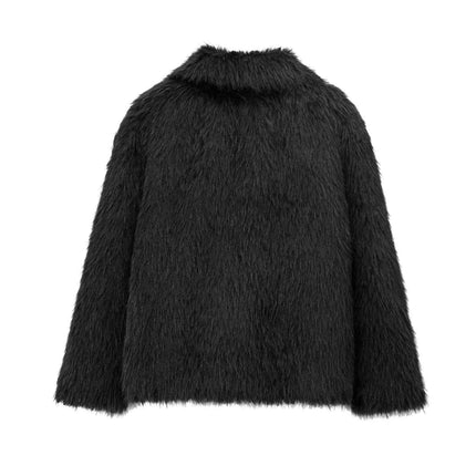 Women's Cropped Faux Fur Jacket Lapel Fluffy Button Coat Winter Warm Outwear