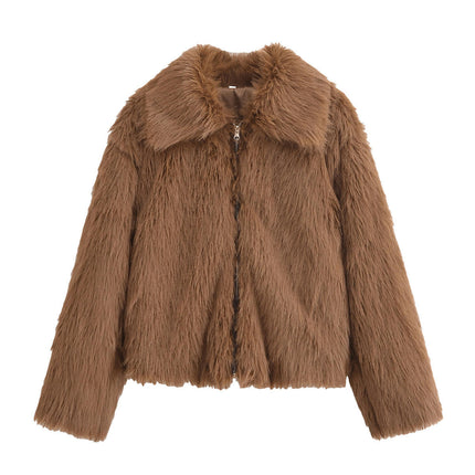 Women's Faux Fur Jacket Winter Warm Shaggy Zip Up Coats Long Sleeve Lapel Outwear