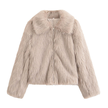Women's Faux Fur Jacket Winter Warm Shaggy Zip Up Coats Long Sleeve Lapel Outwear
