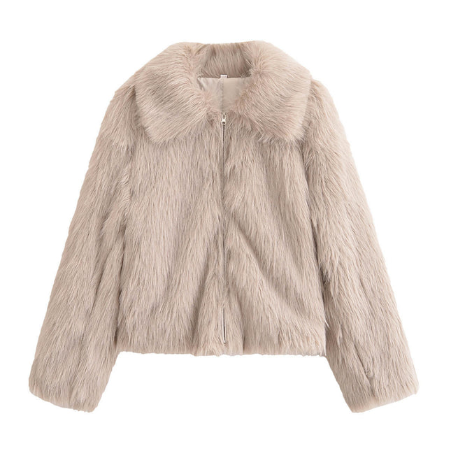 Women's Faux Fur Jacket Winter Warm Shaggy Zip Up Coats Long Sleeve Lapel Outwear