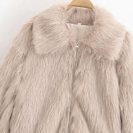 Women's Faux Fur Jacket Winter Warm Shaggy Zip Up Coats Long Sleeve Lapel Outwear